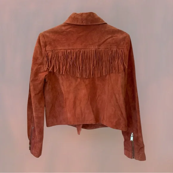 MNG Mango Leather biker fringed jacket with zipper detail, mauve color, Sz M - Picture 3 of 16